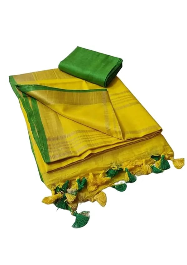 Handloom Bhagalpuri Linen Cotton Blend Contrast Border Saree For Women (I2628 Gold-Yellow-Green) - Image 2