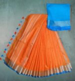 Orange women's Bhagalpuri Blend Linen Saree With Free Contrast Blouse Piece