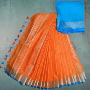 Orange women's Bhagalpuri Blend Linen Saree With Free Contrast Blouse Piece