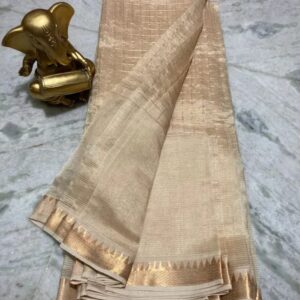 Bhagalpuri Handloom Cotton Silk Check Half Body Saree With Free Blouse Piece (Cream)