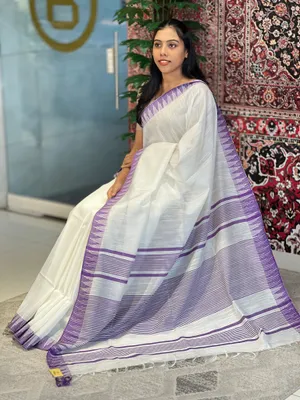 Purple Women's Bhagalpuri Kota Viscous Temple Border White Saree And Variable Color Border With Blouse Piece - Image 2