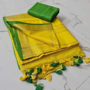 Handloom Bhagalpuri Linen Cotton Blend Contrast Border Saree For Women (I2628 Gold-Yellow-Green)