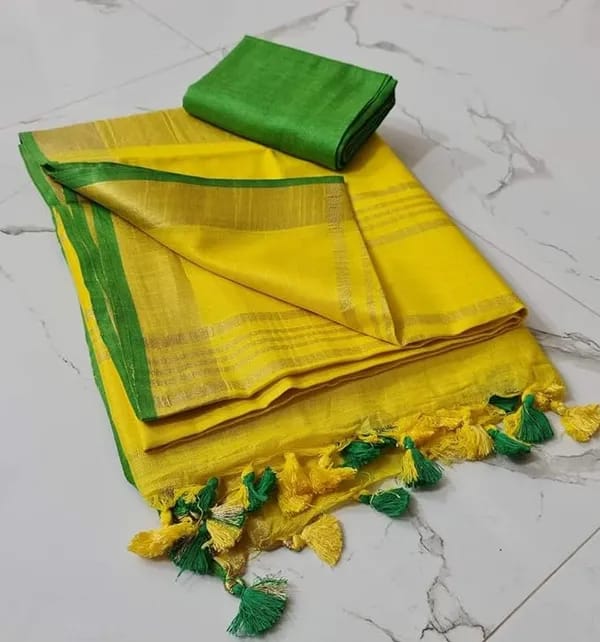 Handloom Bhagalpuri Linen Cotton Blend Contrast Border Saree For Women (I2628 Gold-Yellow-Green)