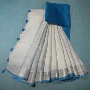 White Bhagalpuri Blend Linen Saree With Contrast Free Blouse Piece
