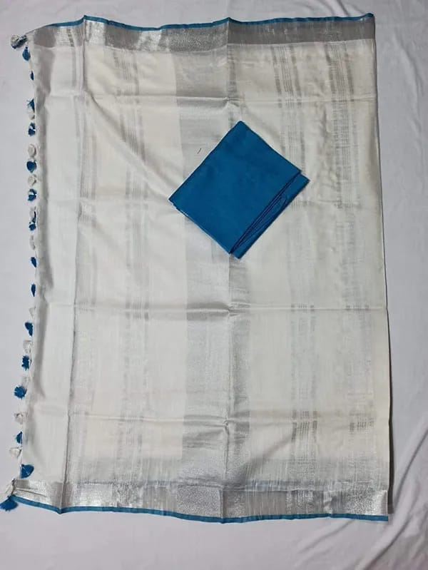 White Bhagalpuri Blend Linen Saree With Contrast Free Blouse Piece - Image 2