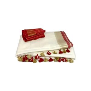 Off White-Red Women's Handloom Bhagalpuri Linen Cotton Blend Saree Ethnic Wear With Contrast Unstitched Blouse Piece