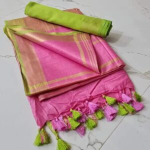 Handloom Bhagalpuri Linen Cotton Blend Contrast Border Saree For Women (12626 Gold-Glowie_Pink-Parrot_Green)