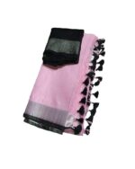 Baby Pink-Black Women's Handloom Bhagalpuri Cotton Linen Blend Saree Ethnic Wear With Contrast Unstitched Blouse Piece - Image 2