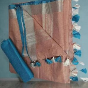 Peach-Cyan Handloom Bhagalpuri Cotton Linen Blend Saree Ethnic Wear With Contrast Unstitched Free Blouse Piece