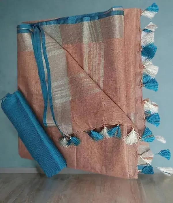 Peach-Cyan Handloom Bhagalpuri Cotton Linen Blend Saree Ethnic Wear With Contrast Unstitched Free Blouse Piece