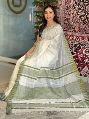 Bhagalpuri Handloom Kota Silk Temple Border Saree And White Of Colors With Striped Blouse Piece - Image 2