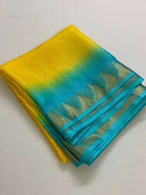 Kota Silk Doriya Organza Net Temple Border Two Dye Saree With Free Blouse Piece(Canary_Yellow & Cyan) - Image 3