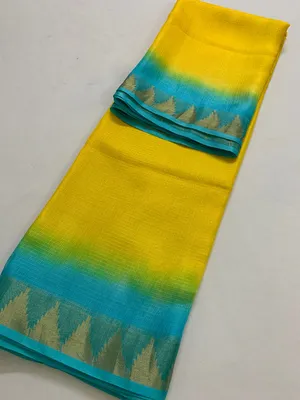 Kota Silk Doriya Organza Net Temple Border Two Dye Saree With Free Blouse Piece(Canary_Yellow & Cyan) - Image 2