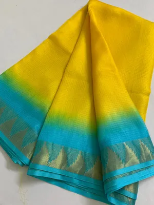 Kota Silk Doriya Organza Net Temple Border Two Dye Saree With Free Blouse Piece(Canary_Yellow & Cyan)