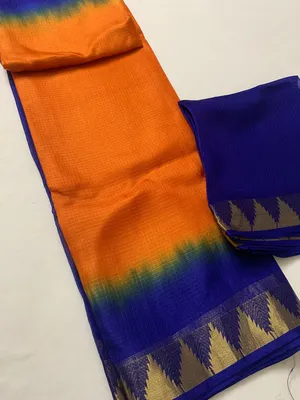 Organza Net Kota Silk Two Dye Bhagalpuri Saree With Free Blouse Piece (Cristy Orange & Dark Blue) - Image 2