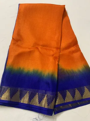 Organza Net Kota Silk Two Dye Bhagalpuri Saree With Free Blouse Piece (Cristy Orange & Dark Blue)