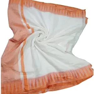 Bhagalpuri Handloom Kota Silk Temple Border Orange Saree And White  Of Colors With Striped Blouse Piece