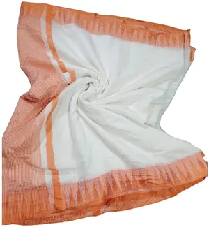 Bhagalpuri Handloom Kota Silk Temple Border Orange Saree And White Of Colors With Striped Blouse Piece