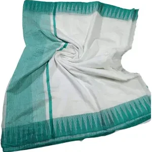 Bhagalpuri Handloom Kota Silk Temple Border  Saree And White  Of Colors With Striped Blouse Piece