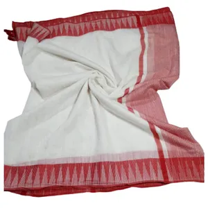 Bhagalpuri Handloom Kota Silk Temple Border Saree White And Red Of Colors With Striped Blouse Piece