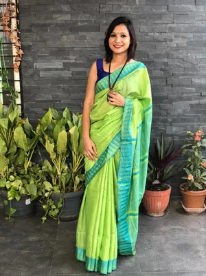 Bhagalpuri Handloom Kota Silk Temple Border Saree And Variation Of Colors With Striped Blouse Piece