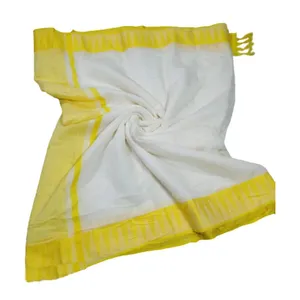 Bhagalpuri Handloom Kota Silk Temple Border Saree  Yellow And White  Of Colors With Striped Blouse Piece
