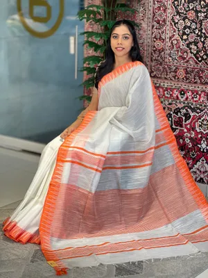 Bhagalpuri Handloom Kota Silk Temple Border Orange Saree And White Of Colors With Striped Blouse Piece - Image 2